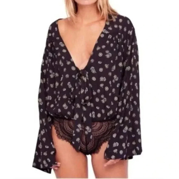 Free People Intimately Forties Feel Black Floral Bodysuit XS - Picture 1 of 5